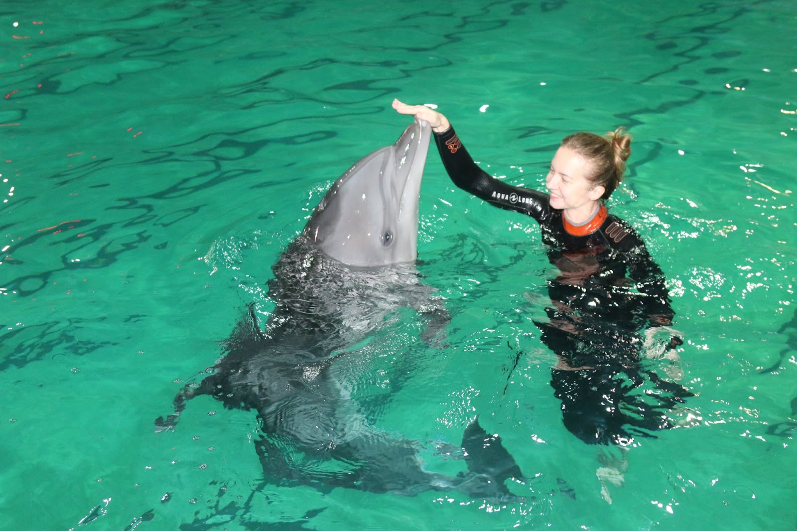 Irina Ilinich swimming with a dolphin